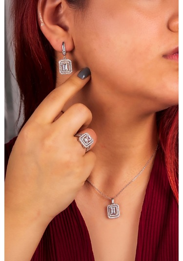 925 Ayar Gümüş Rodyumlu Full Beyaz Zirkon Taşlı Baget Bayan Takı Seti -8235 Gümüş