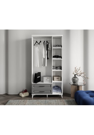 GuneyStore Gözde 3 Kapaklı Komple MDF Antrasit - Beyaz Gardırop