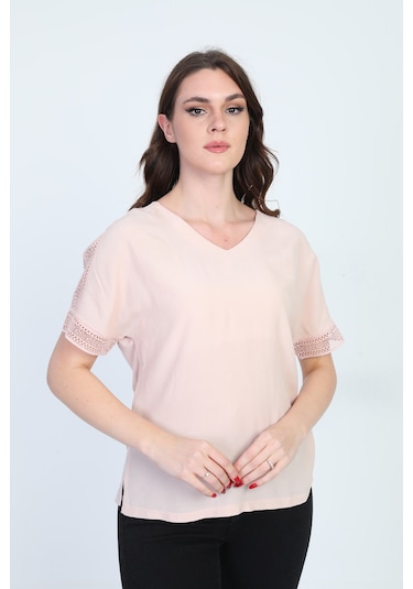 Ella Camelia Kadın Kol Ucu Dantel Detaylı Bluz 19E021 Pudra