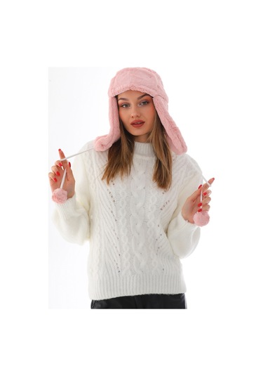 Kadın Pudra Kürklü Kulaklıklı Peluş Şapka Pudra