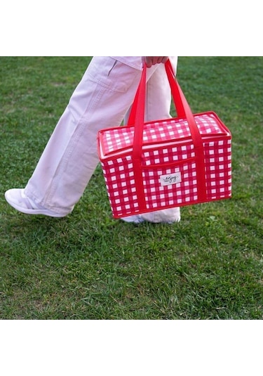 Esas Aksesuar Termo Lüks Piknik Çantası Kırmızı Ekoseli 35 X 20 X 20 Cm Kırmızı