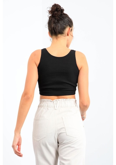 Tommy Life Siyah Basic Sıfır Kol Dar Kalıp U Yaka Kadın Crop Top Atlet - 97160 Siyah