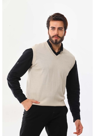 Günay Erkek V Yaka Yün Süveter 1000 Bej