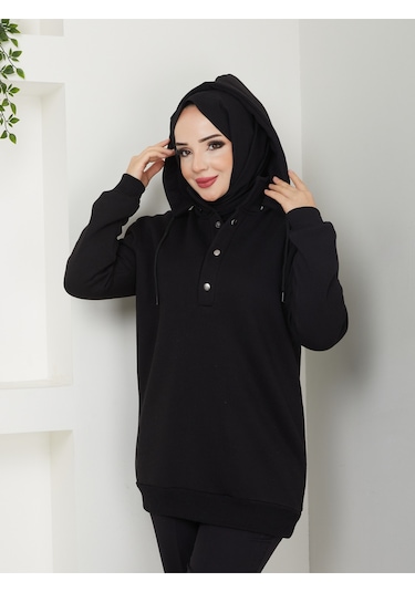 Raika Moda Kapşonlu 3 İplik Büyük Beden Tesettür Sweatshirt Siyah