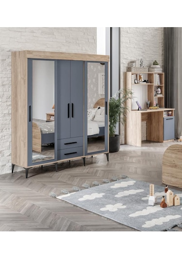 Izmir Çocuk Odası Takımı Tamamı Mdf Antrasit Ve Flora Aynalı