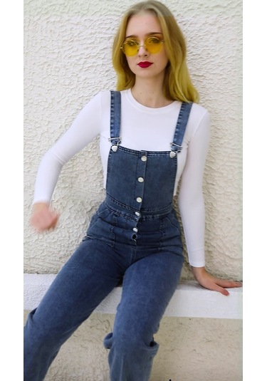 Önden Düğmeli Enzim Kumaş Salopet & Tulum Mavi