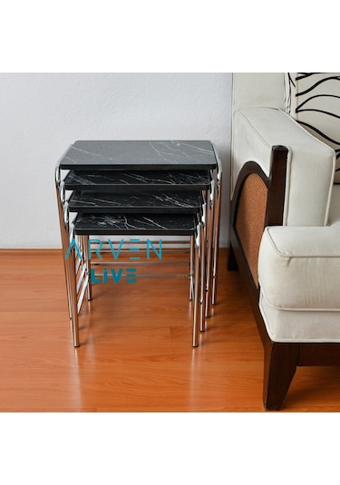 Renk Renk Mermer Desenli Parlak Mikelaj Ayaklı 4'Lü Zigon Sehpa (467864165)