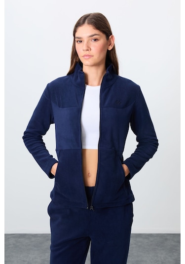 Tommy Life Lacivert Kalın Yumuşak Dokulu Dik Yaka Oversize Nakışlı Polar Kadın Eşofman Takım -95339 Lacivert