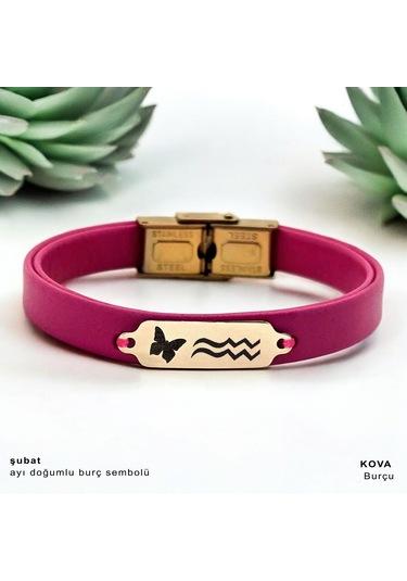Archin Şubat Ayı Doğumlarına 14 Ayar Altın Plakalı Pembe Derili Kelebek Figürlü Hediye Bileklik-651ay Şubat