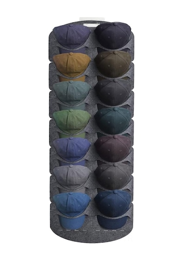 Geeroyoo Yumuşak Feltli Şapka Organizörü - Duvar/d Kapı Montajlı, 14 Şapka Kapasitesi, Şekli Koruyan Görünür Saklama Rafı Gri