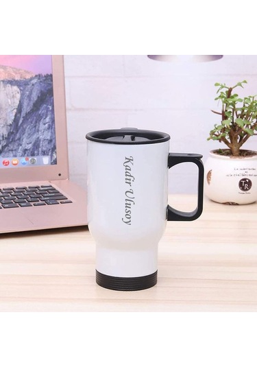 Kişiye Özel Kulplu Çelik Bardak Termos - 450mlt Beyaz