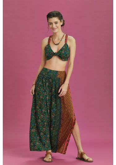 Çiçek Desenli Arka Bel Lastikli Derin Yırtmaçlı Etek 001