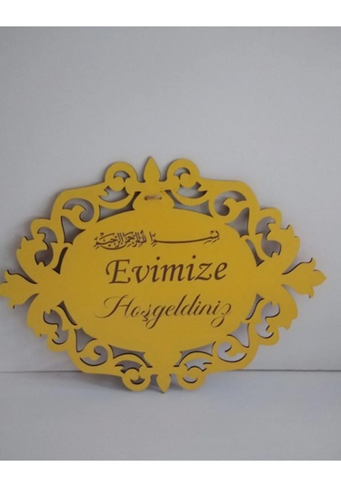 Beyaz Evimize Hoşgeldiniz Dekoratif Ahşap Kapı Süsü Sarı