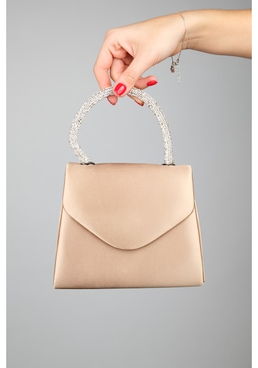 Luvishoes Monako Koyu Bej Saten Taşlı Kadın El Çantası Koyu Bej