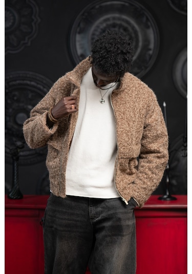 Oversize Crop Model Yan Cepli Astarlı Kırçıllı Mont Kahverengi