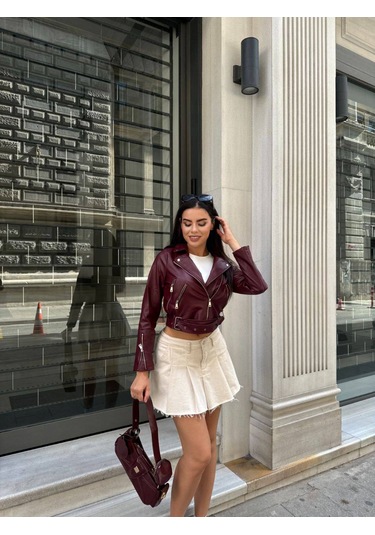 Kadın Kısa Crop Suni Deri Biker Ceket Bordo Bordo