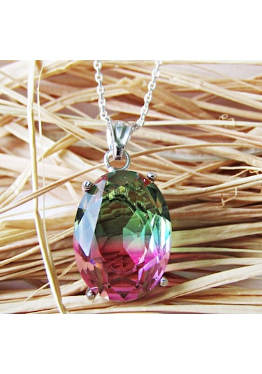 Lilahgümüştr Gümüş Turmalin Oval Taşlı Kadın Kolye