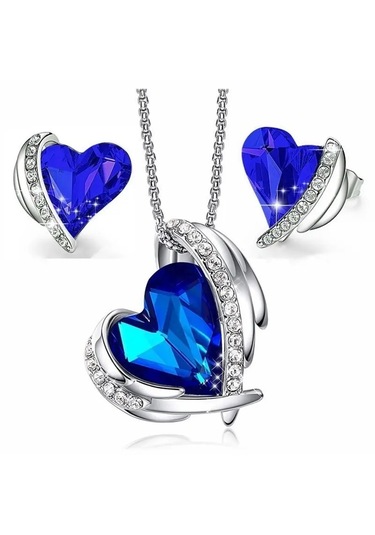 Trend Renkli Taşlı, Zirkon Taş İşlemeli Kalp Takı Seti Kolye Küpe , Yeni Yıl, Mavi
