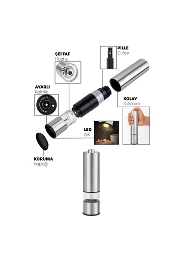 Çelik Led Işıklı Elektronik Baharat Öğütücü Otomatik Tuz Biber Baharat Değirmeni Pille Çalışan 1adet Gri