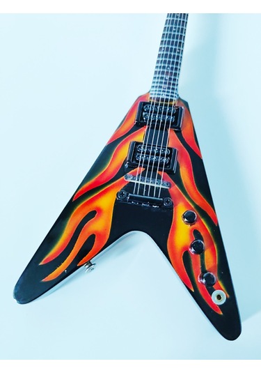 El Yapımı 1/4 Ölçek Minyatür Elektro Gitar Esp Flying V Flames