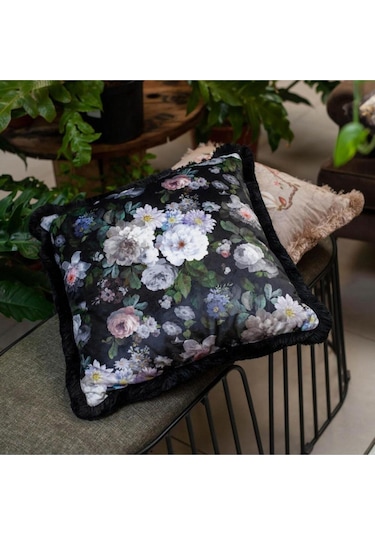 Siyah Çiçek Kadife Yastık/kırlent Dolgu Boncuk Elyaf, Ulusl. Yıkama Ve Solmama Sertifikası Çok Renkli