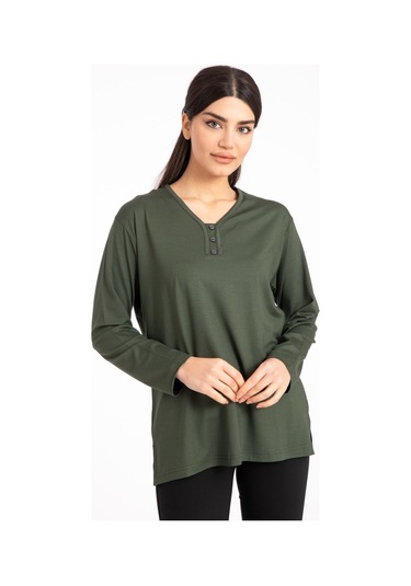Kadın Orta Yaş ve Üzeri Dört Mevsim V Yaka Rahat Kalıp Likralı Viskoz Anne Penye Bluz 140-Haki