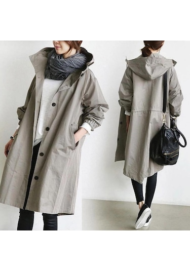 Kadınlar İçin Orta Uzunlukta Bol Rüzgarlık Ceket Açık Gri