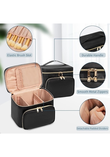 Büyük Makyaj Çantası, Kadınlar Kızlar İçin Taşınabilir Seyahat Makyaj Çantası Makyaj Fırçası Bölmeli, Saplı Ve Ayırıcılı Şık Makyaj Çantası Düzenleyici Kozmetik Çantası - Siyah Altın
