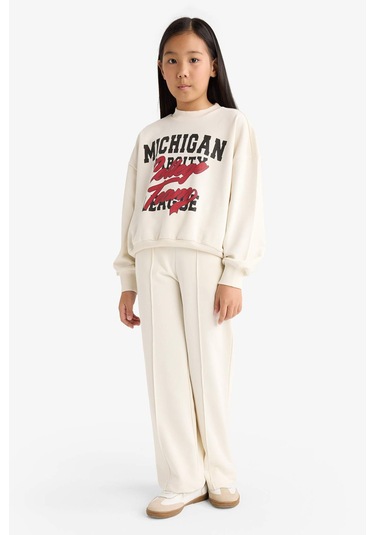 Defacto Kız Çocuk 2li Takım Baskılı Sweatshirt Eşofman Altı F2564a825auer238 Ekru