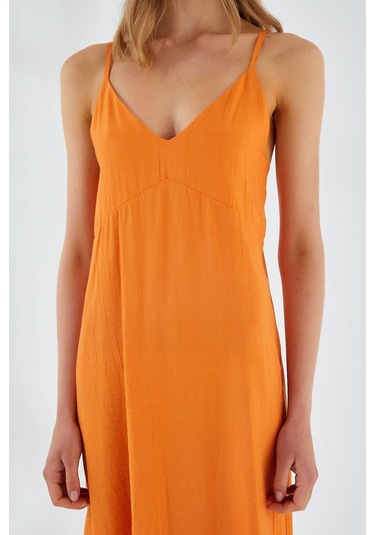 4252 Kadın İp Askılı V Yaka Elbise Turuncu Turuncu