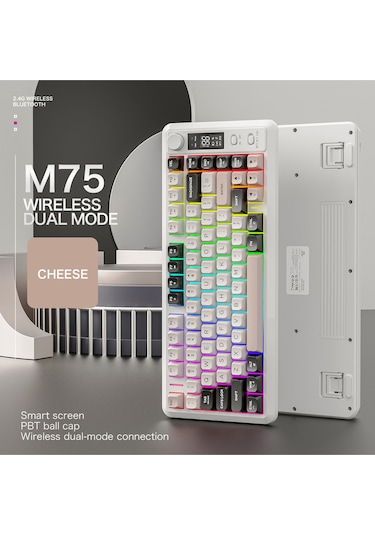M75 Kablosuz 2.4ghz Kablosuz + Bt Çift Modlu Klavye Led Ekranlı Oyun Klavyesi İle Pbt Knob Rainbow