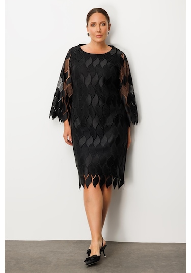 Moda İlgi Kadın Büyük Beden Ön Kısım Güpür Dantelli Elbise 0006 Siyah Siyah