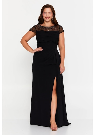 Doridorca Kadın Büyük Beden Taş Süslemeli Derin Yırtmaçlı Maxi Abiye Elbise 7048 Siyah Siyah