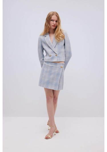 Defacto Yüksek Bel Kareli Tweed Mini Şort Etek C5532AX24SMBE503 Mavi