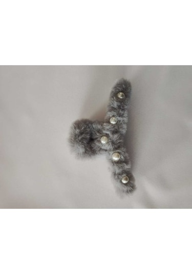 Büyük Boy İnci Peluş Mandal Toka 12 Cm Gri