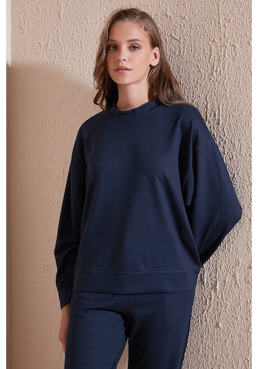 Lela Streç Bisiklet Yaka Oversize Fit Scuba Bayan Sweat 5865879 Lacivert