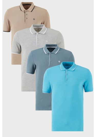Buratti Pamuklu Slim Fit Şerit Detaylı Düğmeli Polo Yaka 4'Lü Paket Erkek T Shirt 5902118S4 Gri Melanj-Aquamavi-Mavi-Vizon