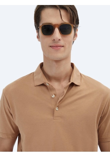 Kip Vizon Düz Polo Yaka %100 Pamuk T-shirt Vizon