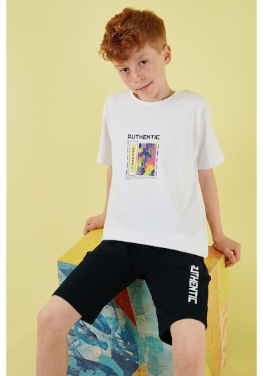 Lela Pamuklu Regular Fit Bisiklet Yaka Şortlu Alt-Üst Erkek Çocuk Takım 6212011 Beyaz