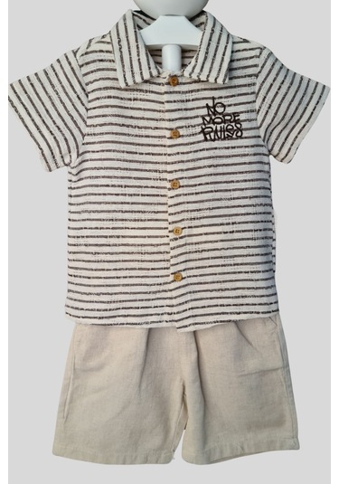2'li Erkek Çocuk Kahve Çizgili Desenli Gömlek Bej Sortlu Keten Takım-1361 Kahverengi