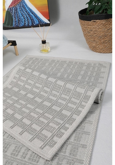 Naturel Pamuklu Kilim Yıkanabilir Banyo Paspası Halısı 2'li Klozet Takımı 60x100-50x60cm Gri