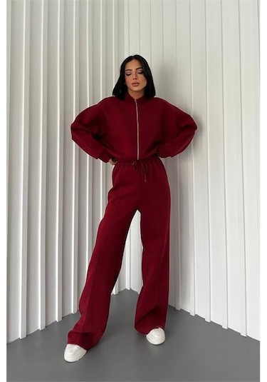 Dip Moda Kadın Pamuklu Kışlık Sweat Pantlon Eşofman Takımı Dpgts018 Bordo