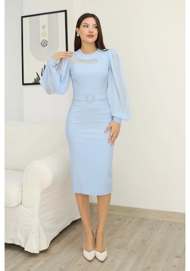 Lodmela Tül Ve İşleme Detaylı Midi Elbise 2285-bebe Mavisi Bebe Mavisi