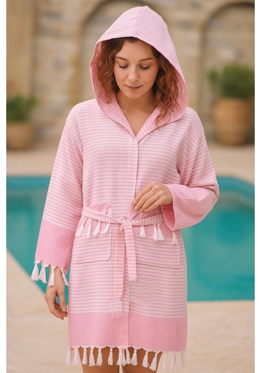 Kapşonlu Unisex Peştemal Plaj Bornozu %100 Pamuklu Seaside Stripe Pembe