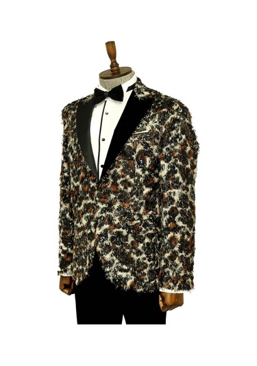 Wessi Saçaklı Leopar Desenli Erkek Siyah Beyaz Balo Ceket Beyaz