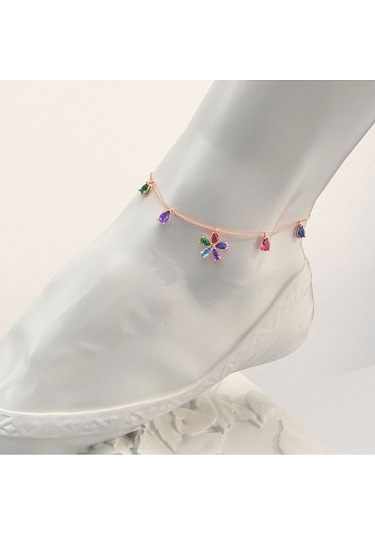 İndigo Takı Renkli Taş Çiçek Rose Gümüş Halhal Çok Renkli