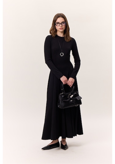 Kuplu Uzun Kollu Elbise Siyah Siyah