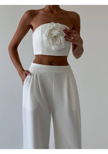 Kadın Straplez Gül Detaylı Üst Ve Yüksek Bel Pantolon Takım Beyaz
