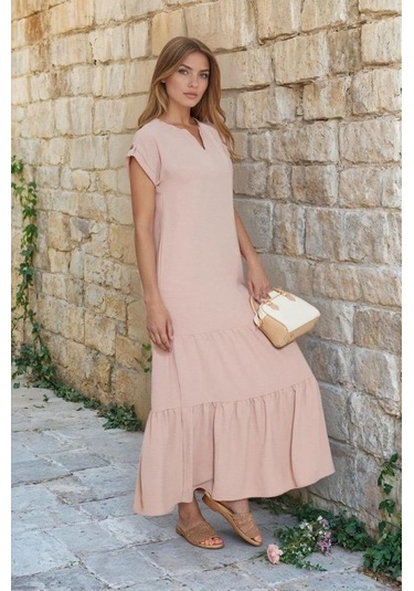 Kadın Uzun Eteği Fırfırlı Kısa Kol Apolet Detaylı Salaş Günlük Rahat Elbise 3761366 Pudra