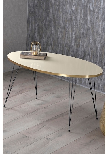 Orta Sehpa Elips Siyah Tel Ayak Altın Krem Krem